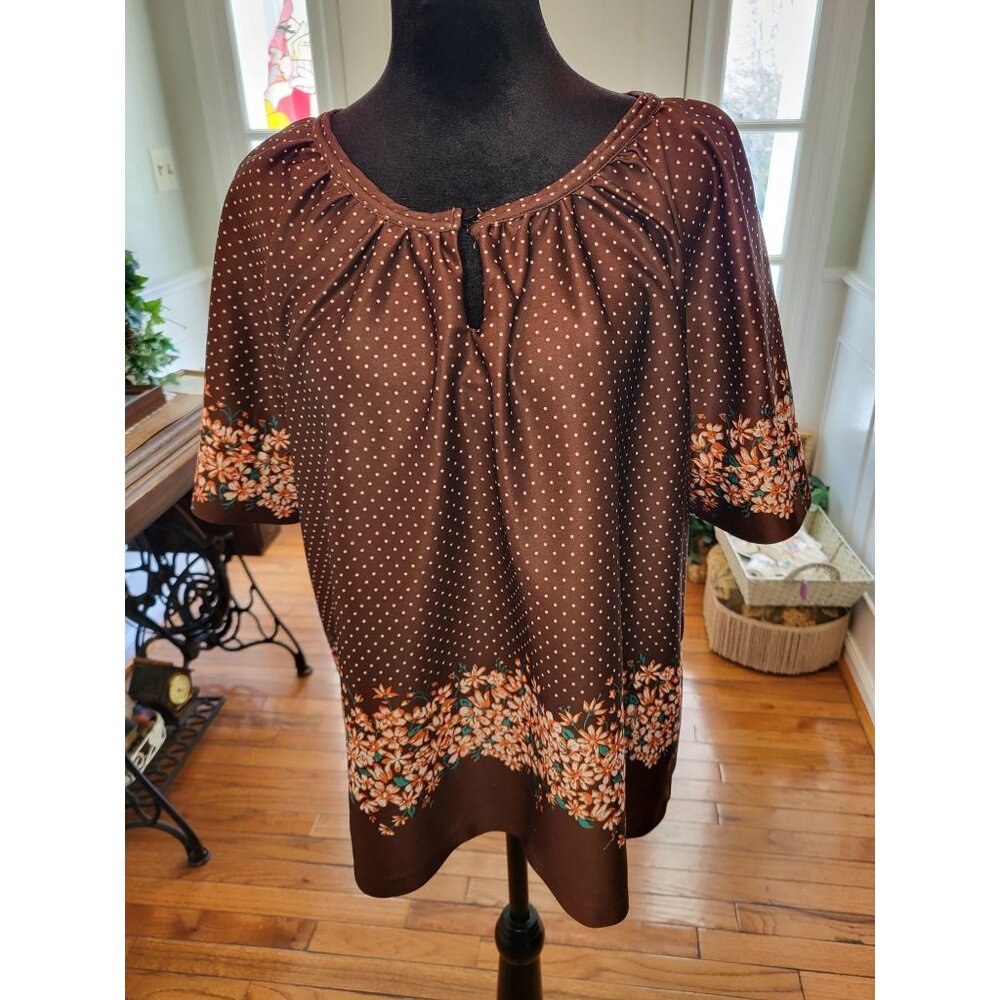 Vintage 70s Handmade Brown Polka Dot Floral Peasant Top 2X Boho Festival Hippie
